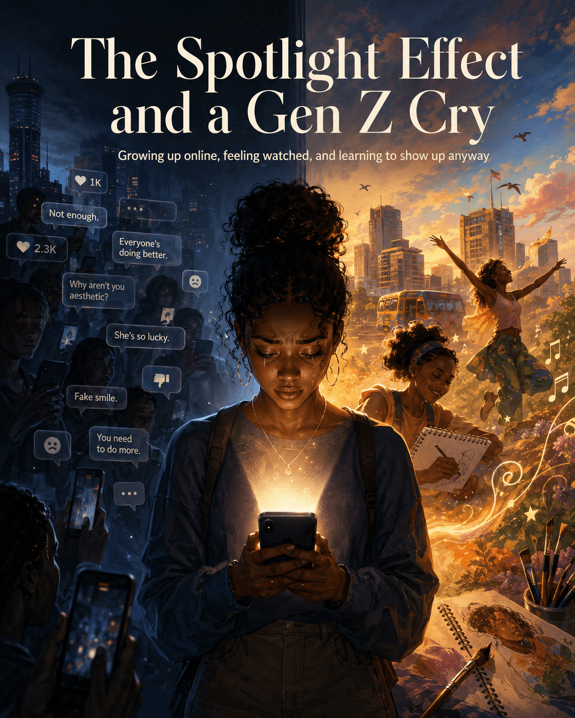 Illustrated cover showing a young African Gen Z woman standing under the glow of a phone, surrounded by social media comments, phone screens, and a split background of online pressure on one side and creative freedom on the other.
