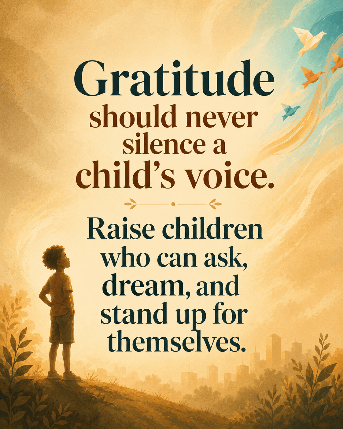 Illustrated quote card with the words “Gratitude should never silence a child’s voice,” showing a child standing confidently on a hill beneath warm golden light, paper birds, and an open sky.