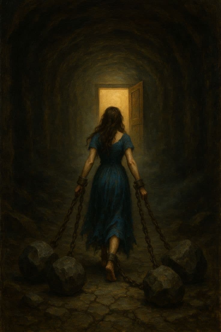 A woman in a cave bound in chains dragging heavy rocks, but there is a door emitting light in front of her, that she is dragging herself towards